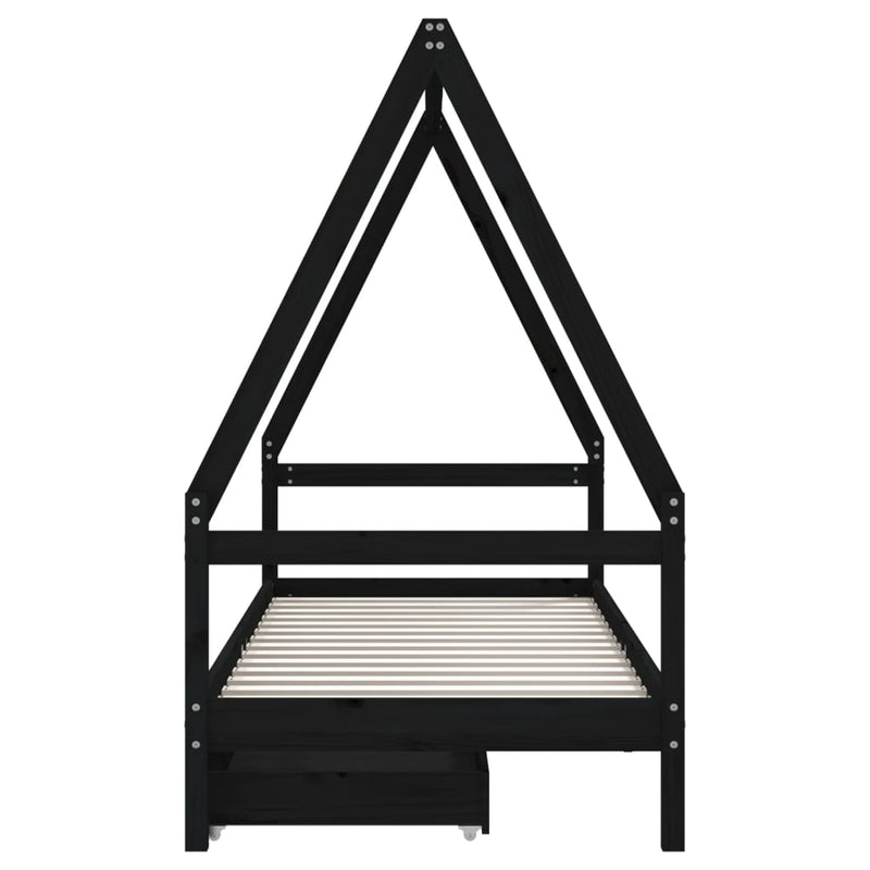 vidaXL fekete tömör fenyőfa gyerekágy keret fiókkal 90x190 cm