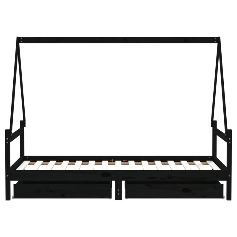 vidaXL fekete tömör fenyőfa gyerekágy keret fiókkal 90x190 cm