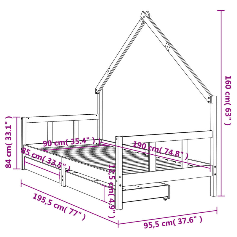 vidaXL fehér tömör fenyőfa gyerekágy keret fiókkal 90x190 cm