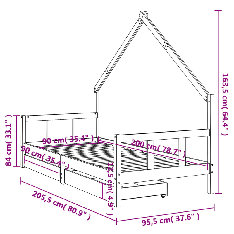 vidaXL tömör fenyőfa gyerekágykeret fiókokkal 90 x 200 cm