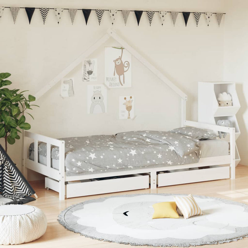 vidaXL fehér tömör fenyőfa gyerekágykeret fiókokkal 90x200cm