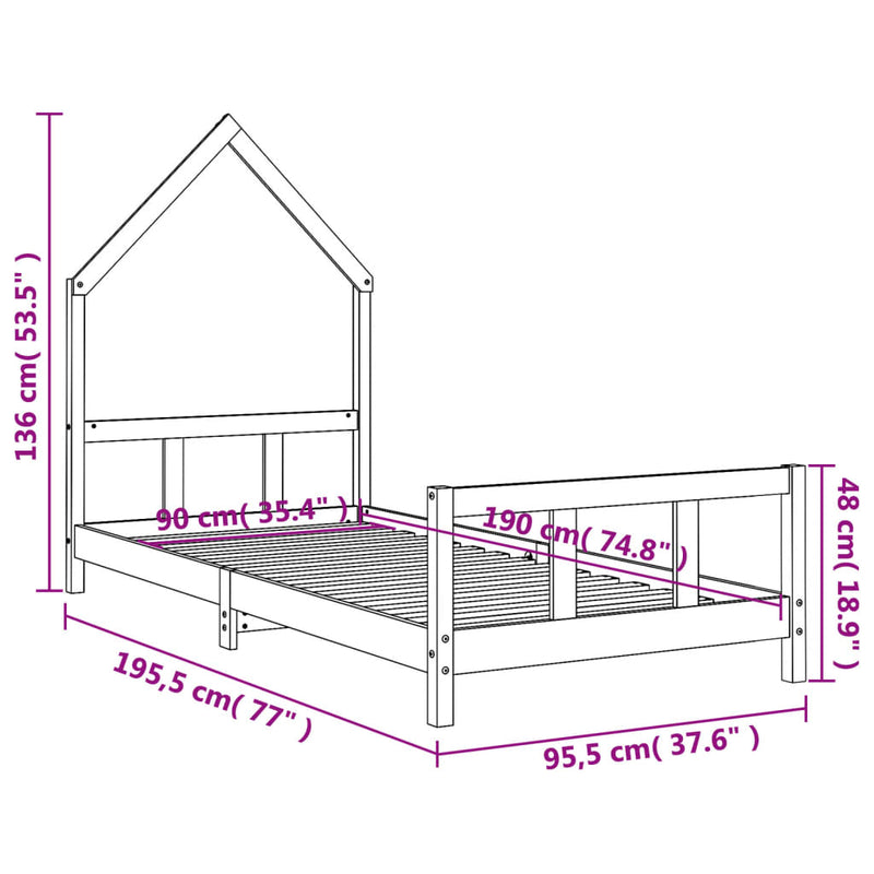vidaXL fekete tömör fenyőfa gyerekágykeret 90 x 190 cm