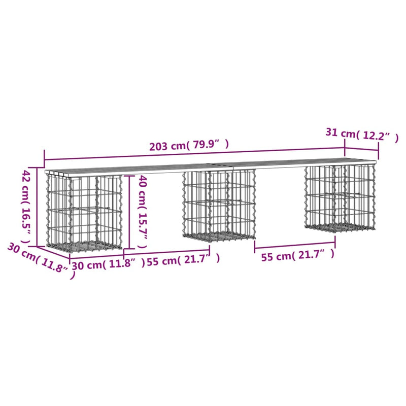 vidaXL tömör duglászfenyő gabion kerti pad 203x31x42 cm