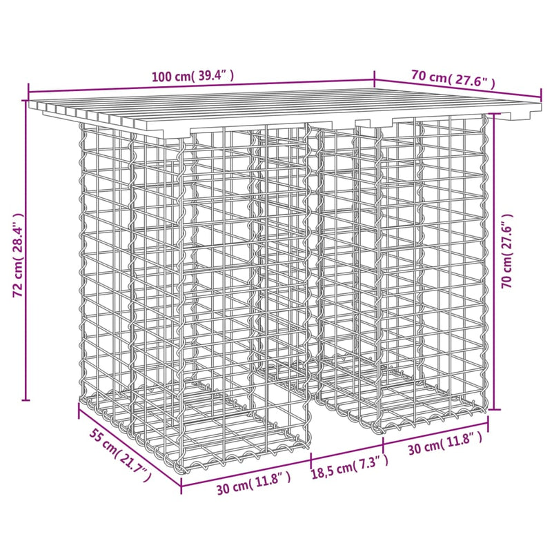 vidaXL tömör fenyőfa kerti asztal gabion mintával 100 x 70 x 72 cm