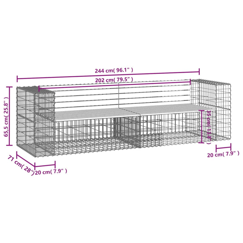 vidaXL tömör fenyőfa gabion kerti pad 244x71x65,5 cm