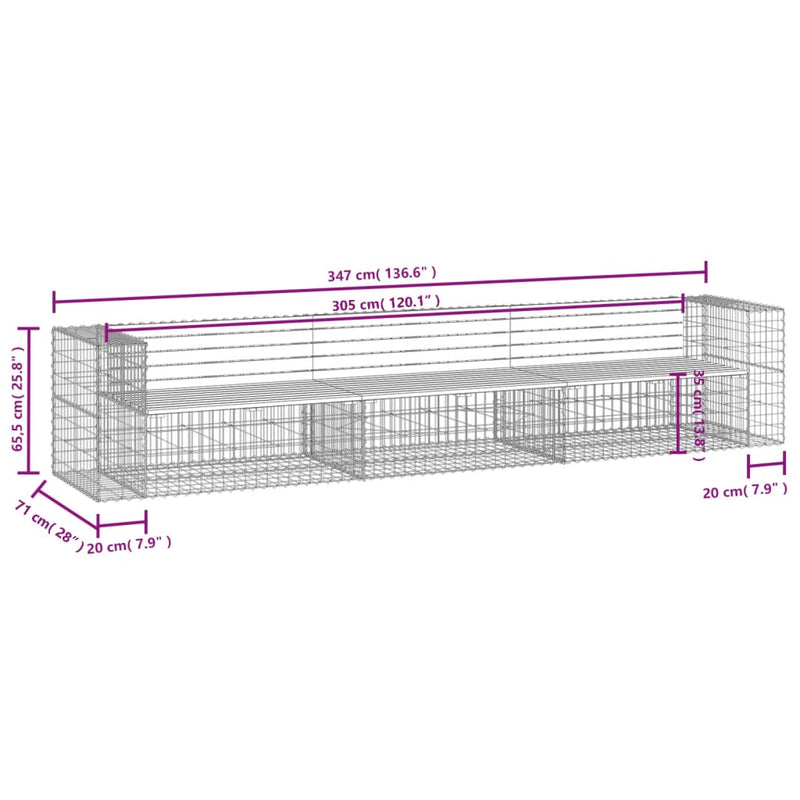 vidaXL tömör fenyőfa gabion kerti pad 347x71x65,5 cm