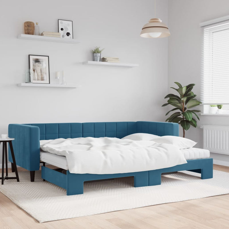 vidaXL kék kihúzható bársony heverő matraccal 90 x 200 cm