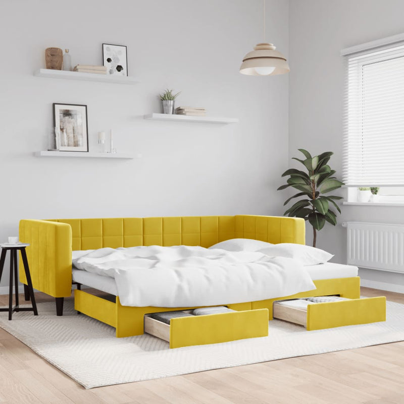 vidaXL sárga kihúzható bársony heverő fiókkal 90 x 200 cm