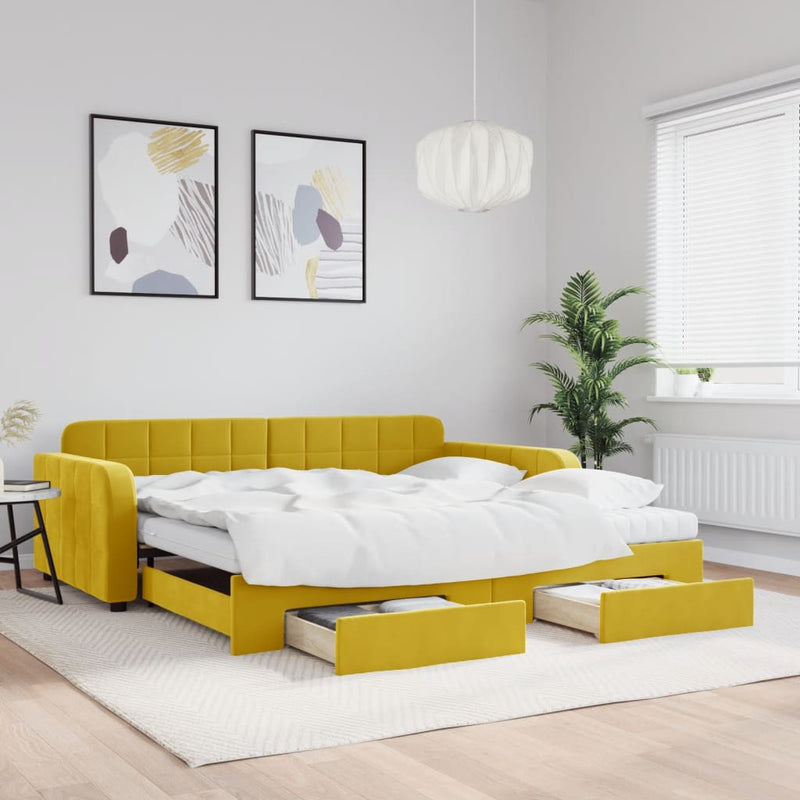 vidaXL sárga kihúzható bársony heverő fiókkal 100 x 200 cm