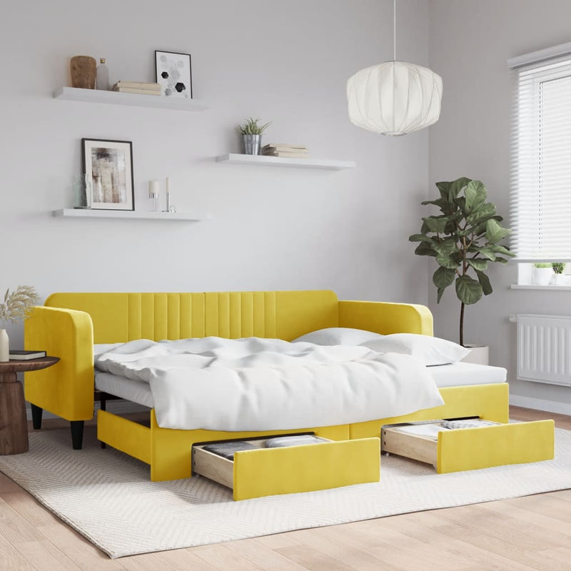 vidaXL sárga kihúzható bársony heverő fiókkal 90 x 200 cm