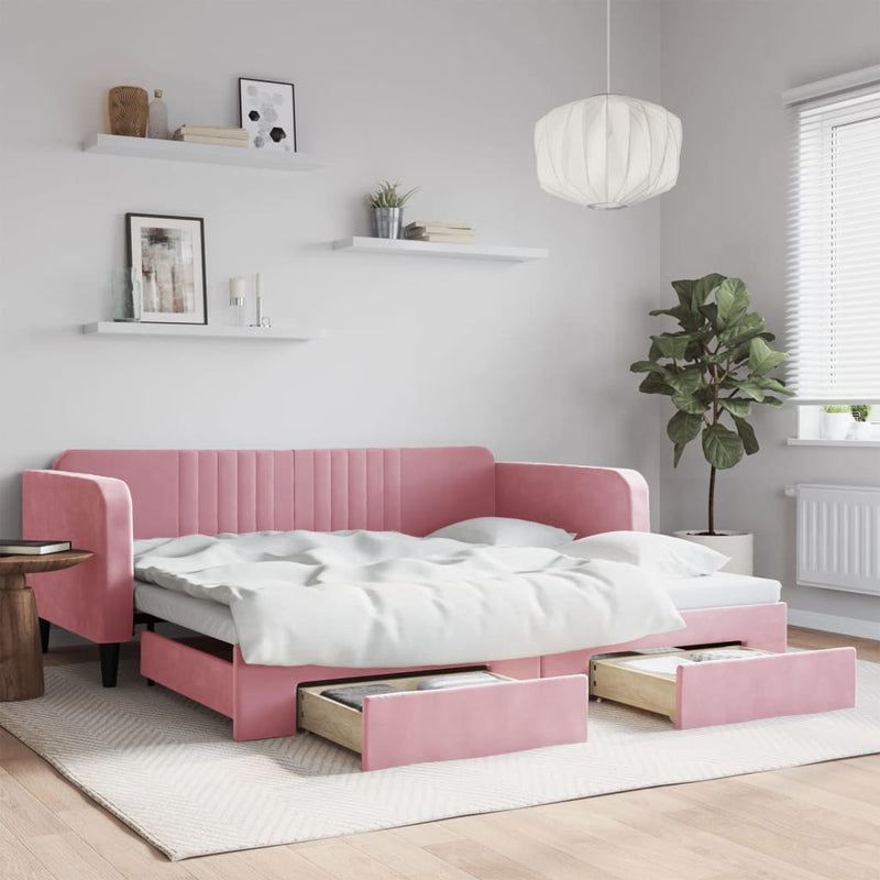 vidaXL rózsaszín kihúzható bársony heverő fiókkal 100 x 200 cm