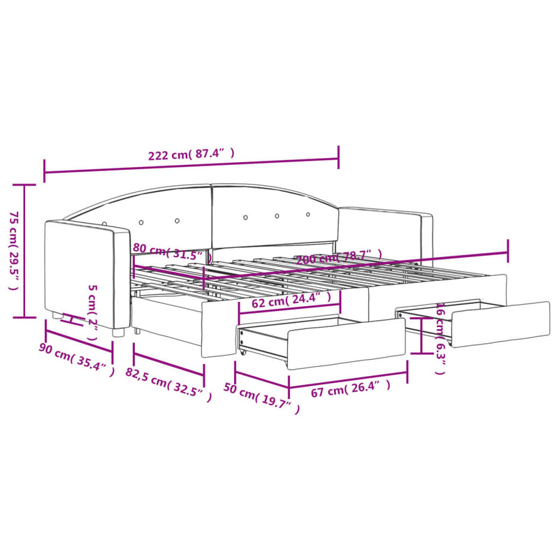 vidaXL sárga kihúzható bársony heverő fiókkal 80 x 200 cm