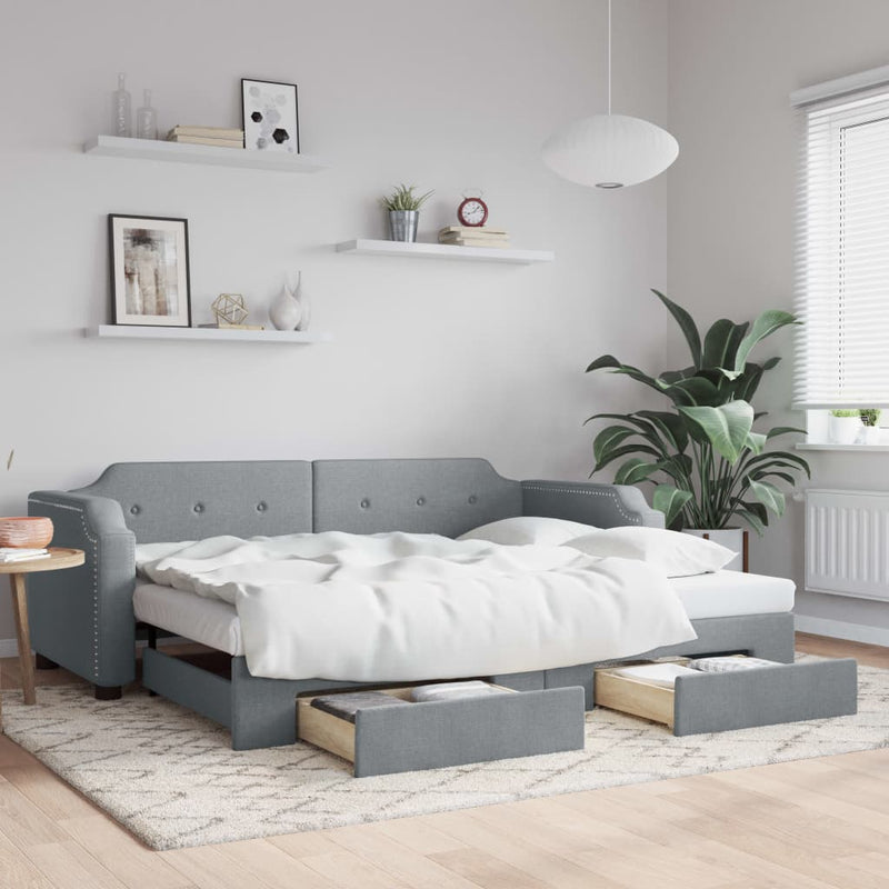 vidaXL világosszürke kihúzható szövet heverő fiókkal 90 x 190 cm