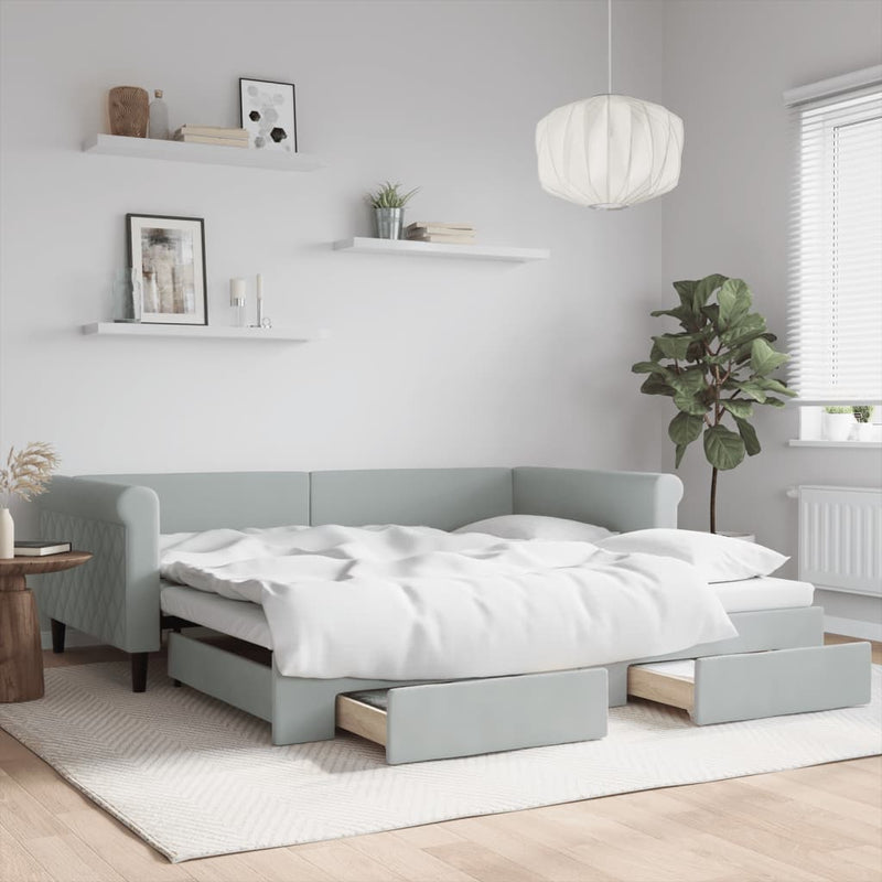 vidaXL világosszürke kihúzható bársony heverő fiókkal 100 x 200 cm