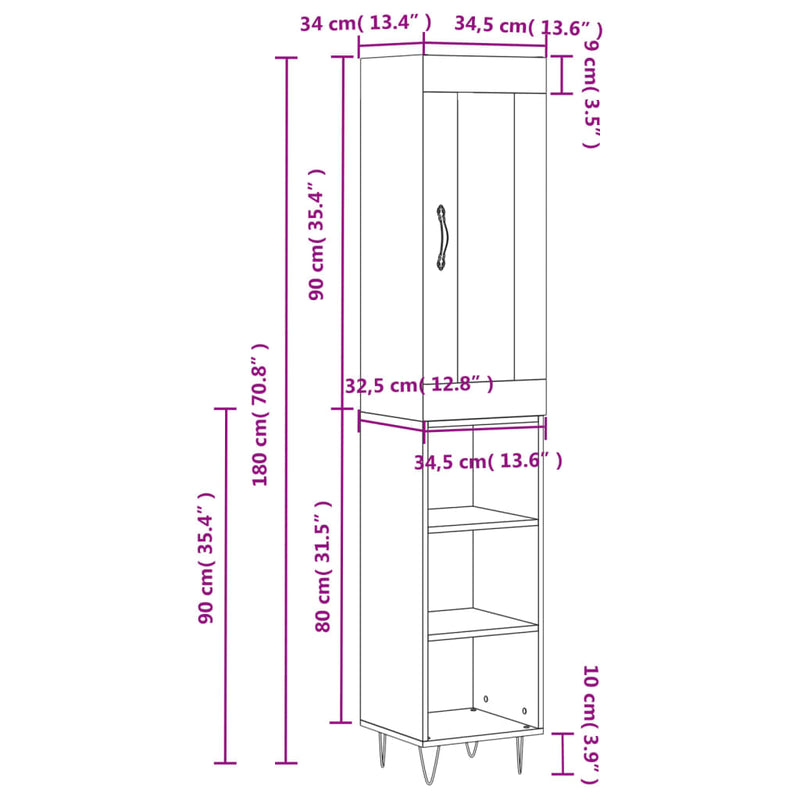 vidaXL fekete szerelt fa magasszekrény 34,5 x 34 x 180 cm