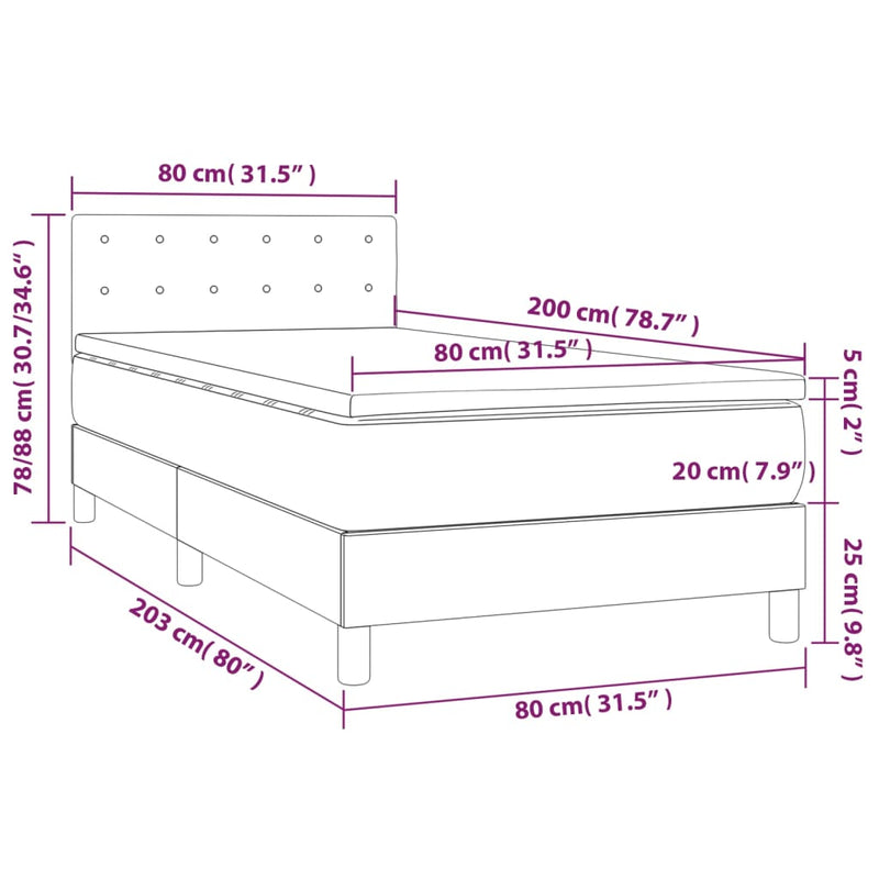 vidaXL világosszürke bársony rugós ágy matraccal 80 x 200 cm