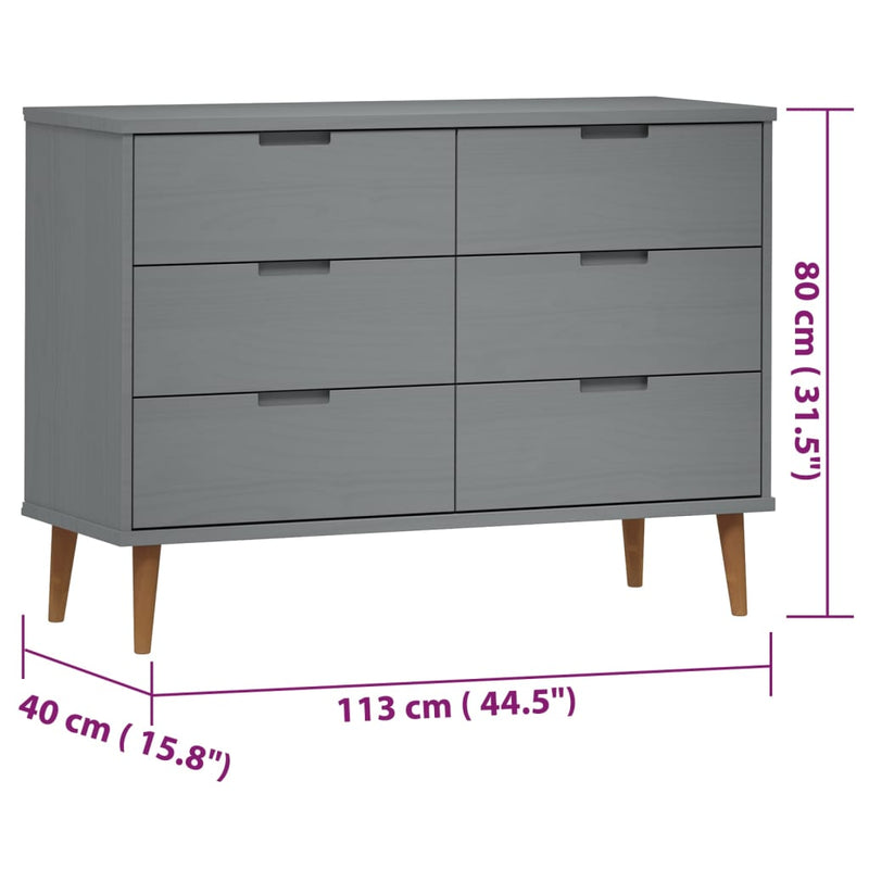 vidaXL MOLDE szürke tömör fenyőfa fiókos szekrény 113 x 40 x 80 cm
