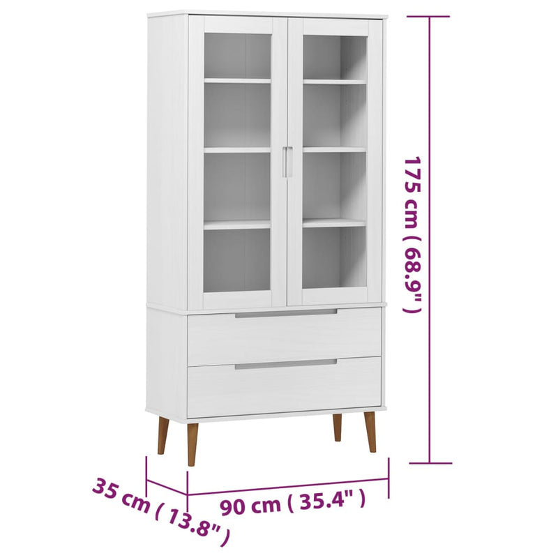 vidaXL MOLDE fehér tömör fenyőfa vitrin szekrény 90 x 35 x 175 cm
