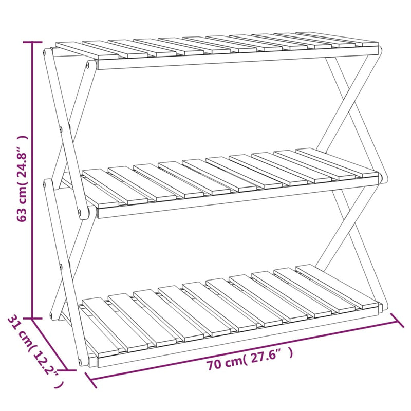 vidaXL 3 szintes barna tömör akácfa összecsukható polc 70 x 31 x 63 cm