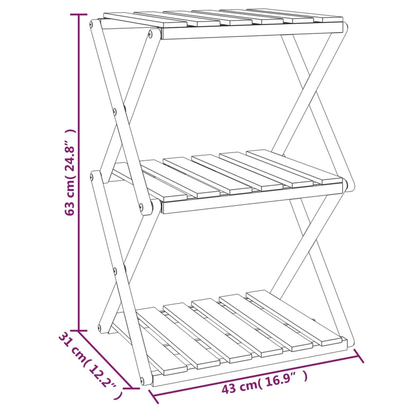 vidaXL 3 szintes barna tömör akácfa összecsukható polc 43 x 31 x 63 cm