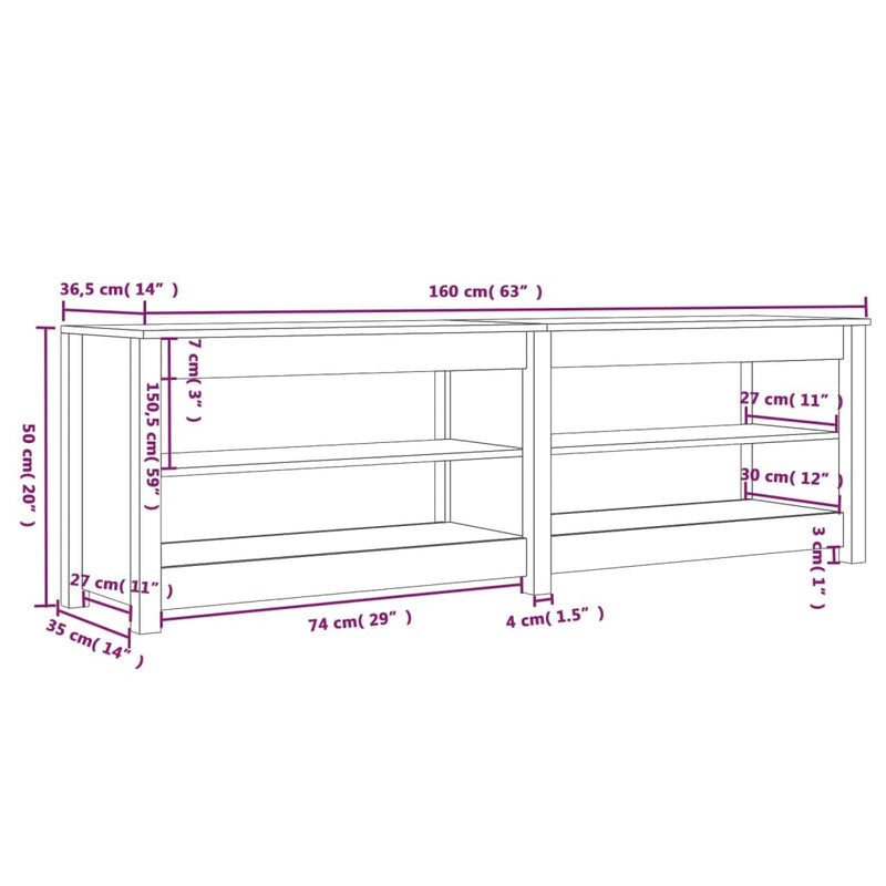 vidaXL fehér tömör fenyőfa cipőtároló pad 160x36,5x50 cm