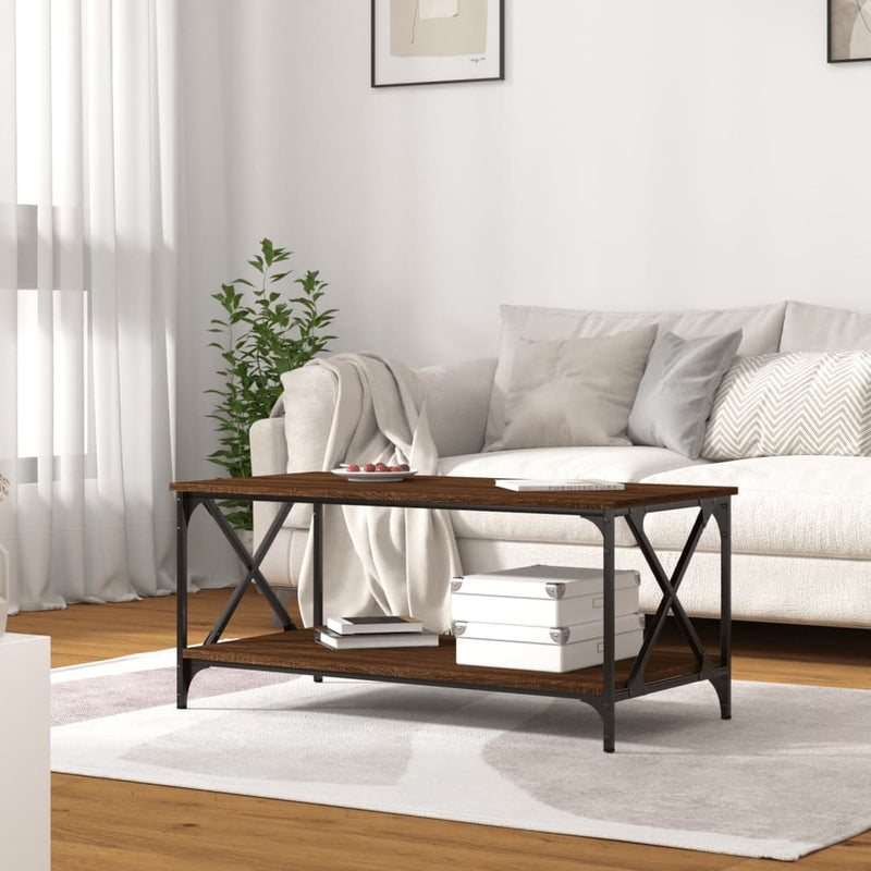 vidaXL barna tölgyszínű szerelt fa és vas dohányzóasztal 100x50x45 cm