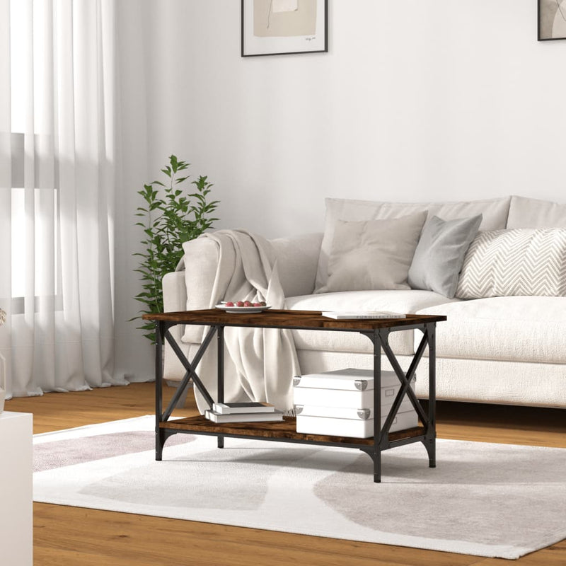 vidaXL füstös tölgy színű szerelt fa és vas dohányzóasztal 80x45x45 cm