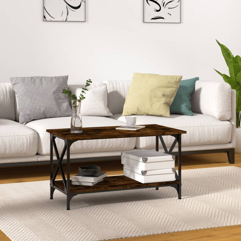 vidaXL füstös tölgy színű szerelt fa és vas dohányzóasztal 80x45x45 cm