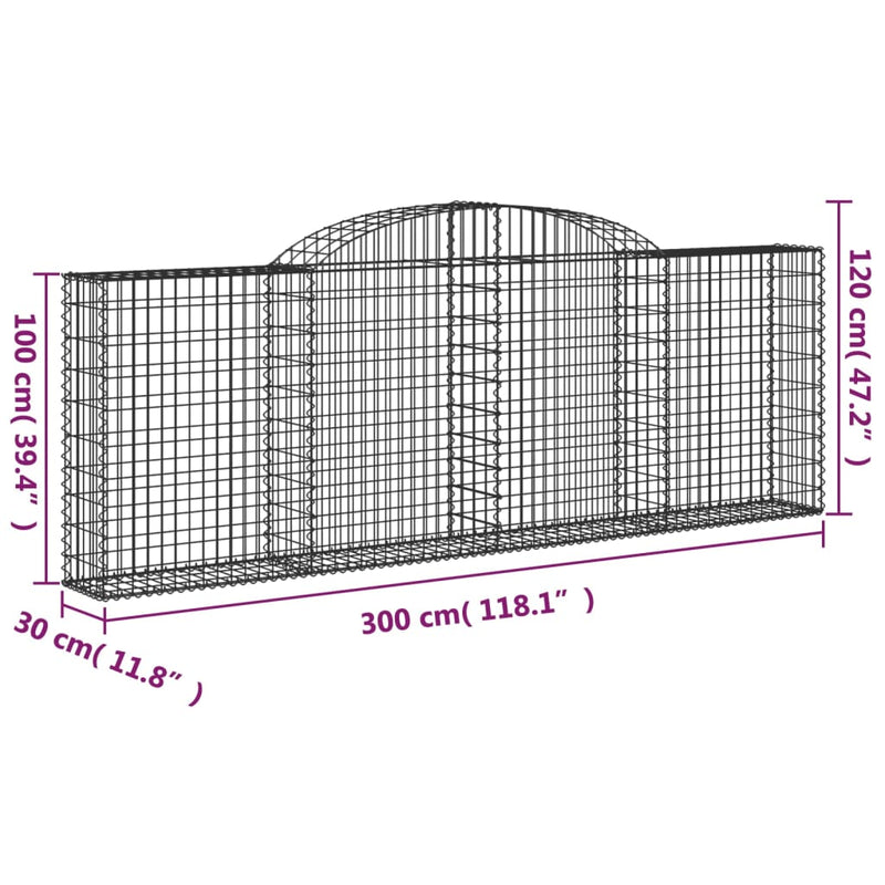 vidaXL 8 db íves horganyzott vas gabion kosár 300 x 30 x 100/120 cm