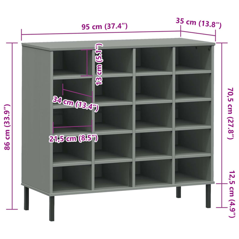 vidaXL OSLO szürke tömör fa cipőszekrény fém lábakkal 95 x 35 x 86 cm