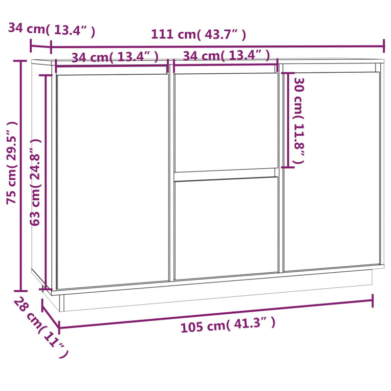 vidaXL fehér tömör fenyőfa tálalószekrény 111 x 34 x 75 cm
