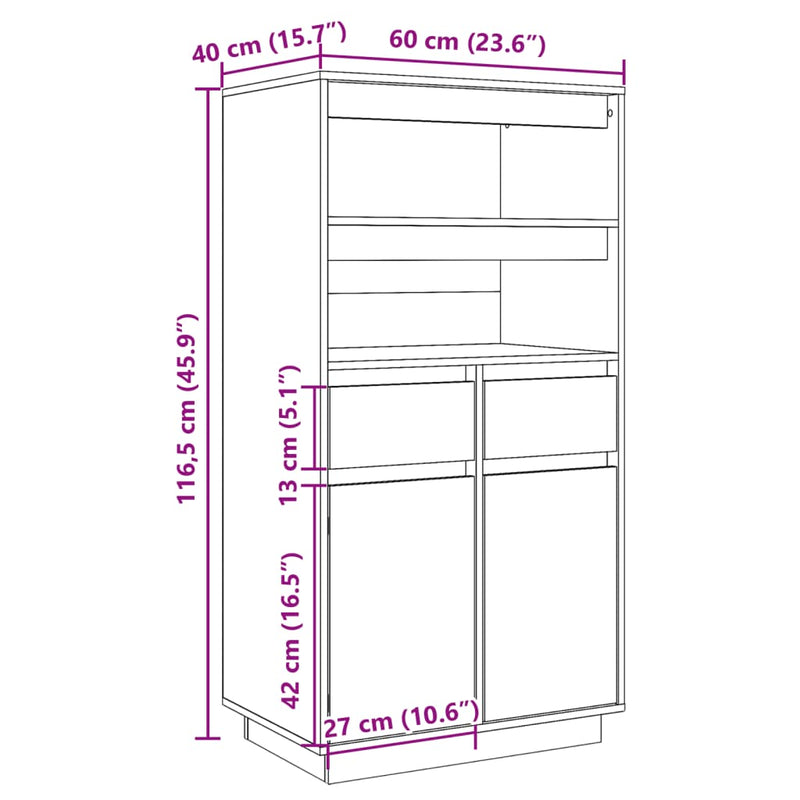 vidaXL fekete tömör fenyőfa magasszekrény 60x40x116,5 cm