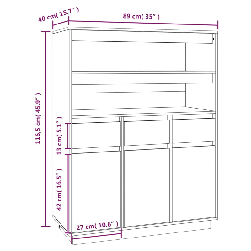 vidaXL tömör fenyőfa magasszekrény 89x40x116,5 cm