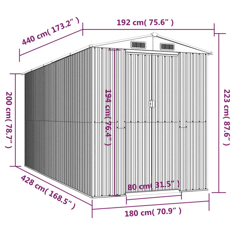 vidaXL zöld horganyzott acél kerti fészer 192x440x223 cm