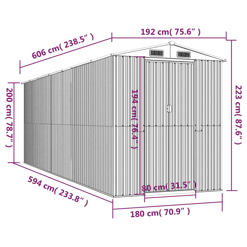vidaXL zöld horganyzott acél kerti fészer 192x606x223 cm