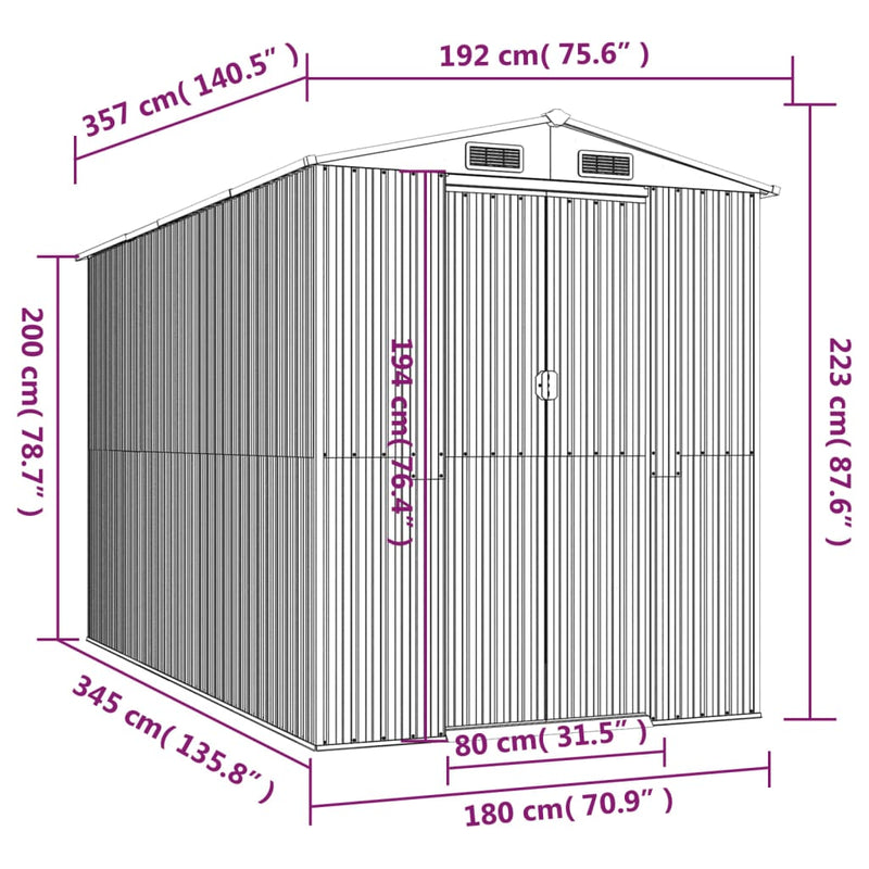 vidaXL világosszürke horganyzott acél kerti fészer 192 x 357 x 223 cm
