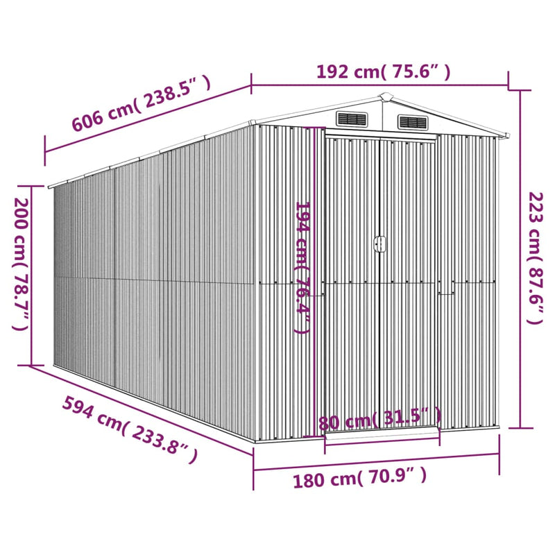 vidaXL világosszürke horganyzott acél kerti fészer 192 x 606 x 223 cm