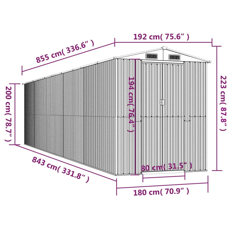 vidaXL világosszürke horganyzott acél kerti fészer 192 x 855 x 223 cm