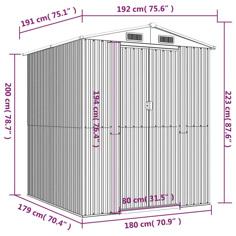 vidaXL antracitszürke horganyzott acél kerti fészer 192 x 191 x 223 cm
