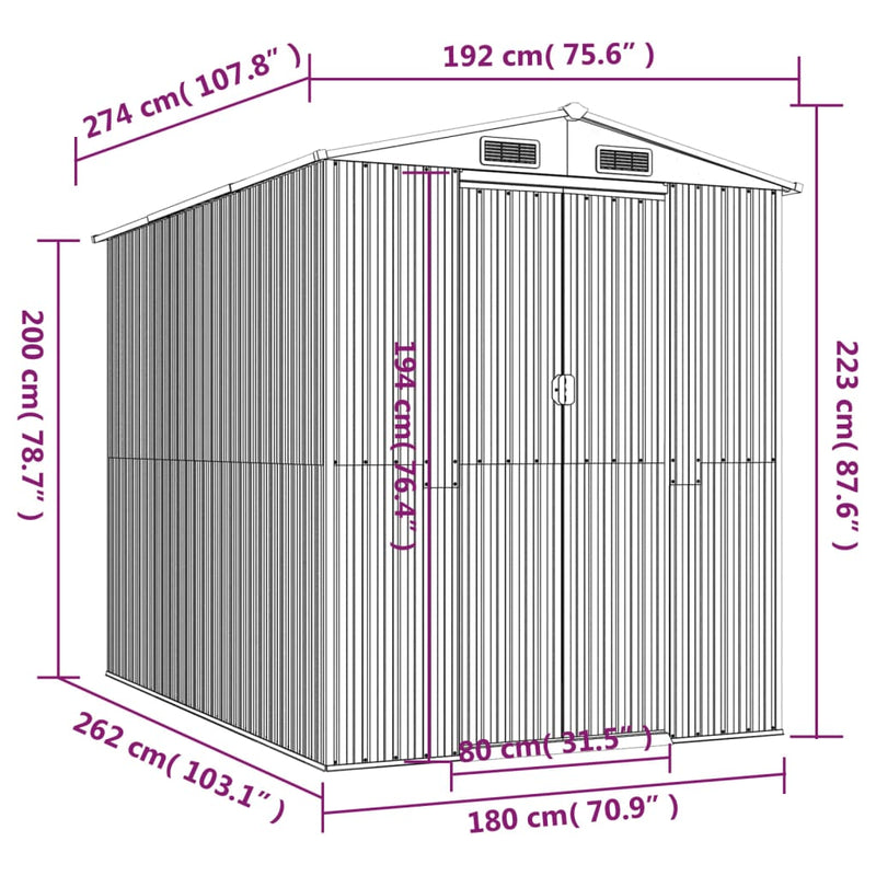 vidaXL antracitszürke horganyzott acél kerti fészer 192 x 274 x 223 cm