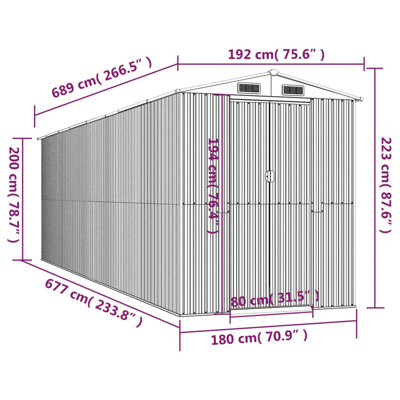 vidaXL antracitszürke horganyzott acél kerti fészer 192 x 689 x 223 cm
