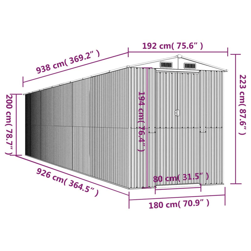 vidaXL antracitszürke horganyzott acél kerti fészer 192 x 938 x 223 cm