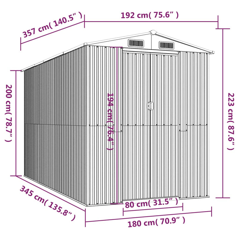 vidaXL sötétbarna horganyzott acél kerti fészer 192 x 357 x 223 cm