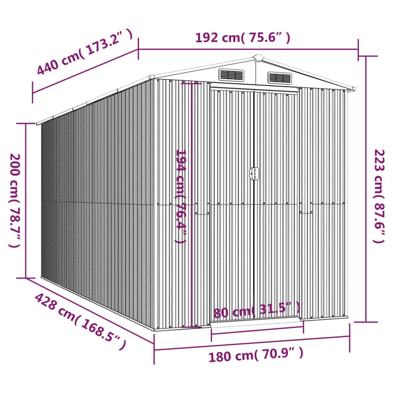 vidaXL sötétbarna horganyzott acél kerti fészer 192 x 440 x 223 cm