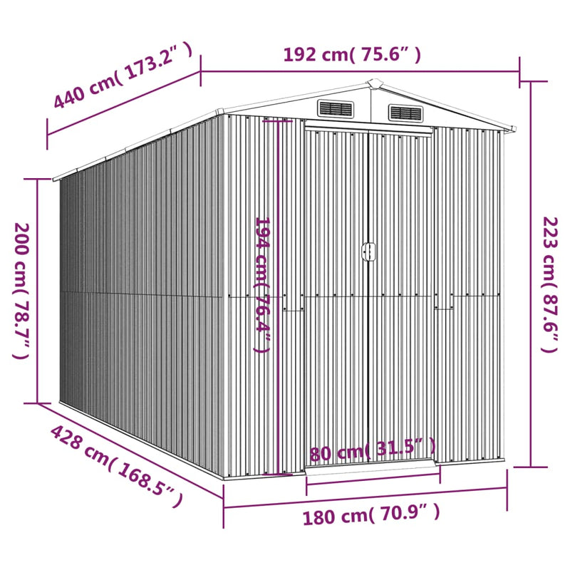 vidaXL világosbarna horganyzott acél kerti fészer 192 x 440 x 223 cm