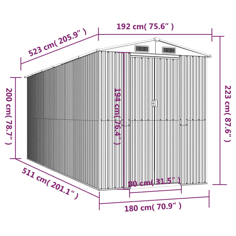 vidaXL világosbarna horganyzott acél kerti fészer 192x523x223 cm