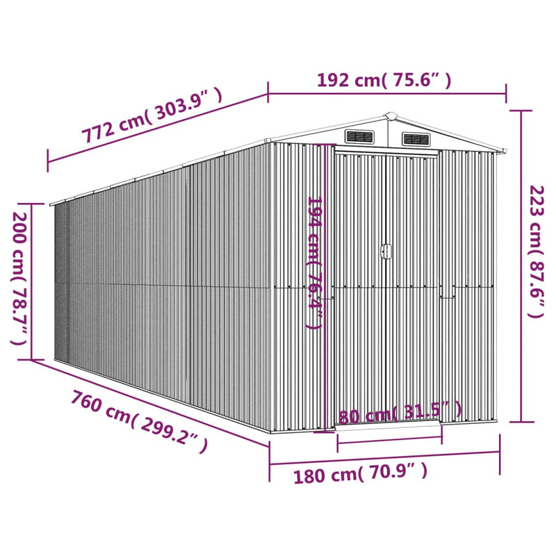 vidaXL világosbarna horganyzott acél kerti fészer 192x772x223 cm
