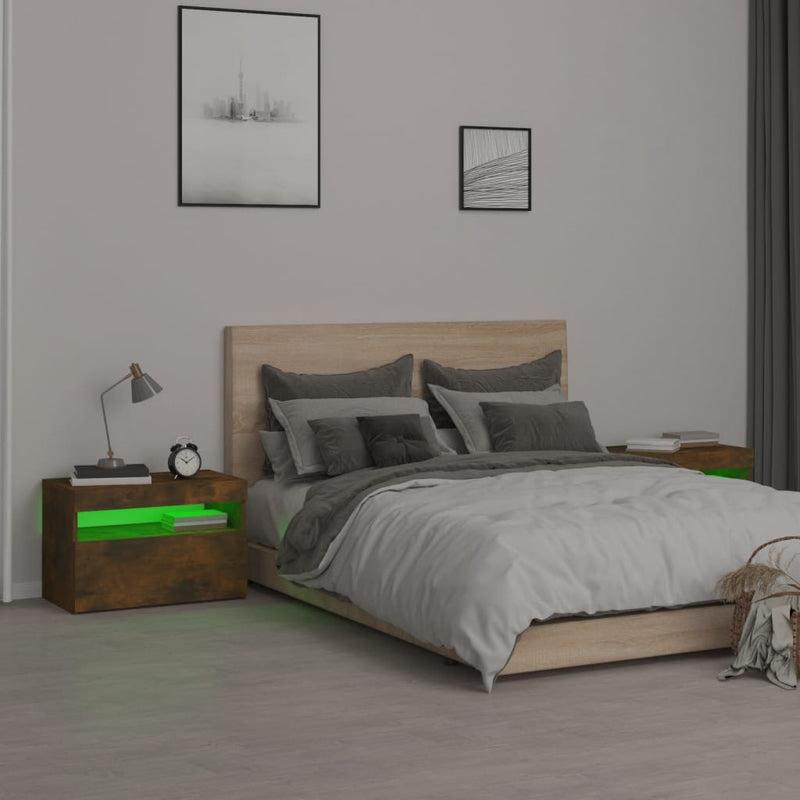 vidaXL 2 db füstös tölgy színű éjjeliszekrény LED-ekkel 60x35x40 cm