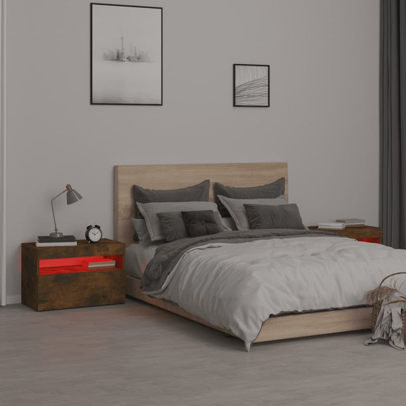 vidaXL 2 db füstös tölgy színű éjjeliszekrény LED-ekkel 60x35x40 cm