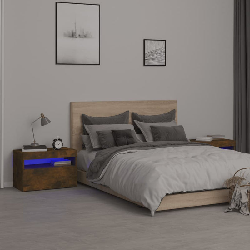 vidaXL 2 db füstös tölgy színű éjjeliszekrény LED-ekkel 60x35x40 cm
